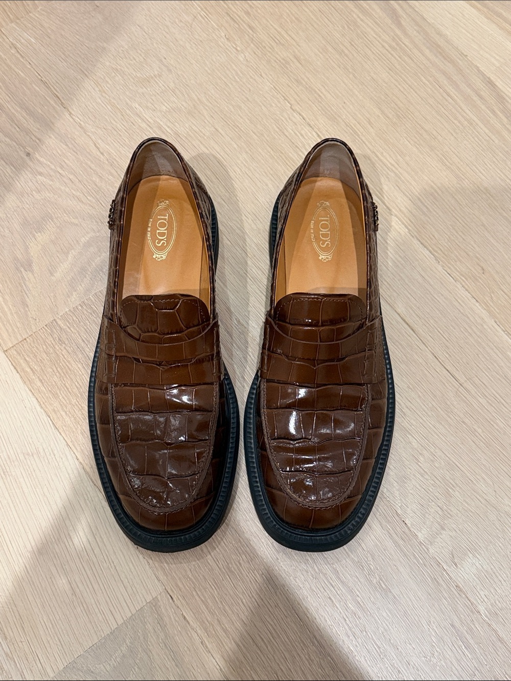 Tod's Brown Croc-Embossed Leather Penny Loafers for Women - Picture 1 of 7